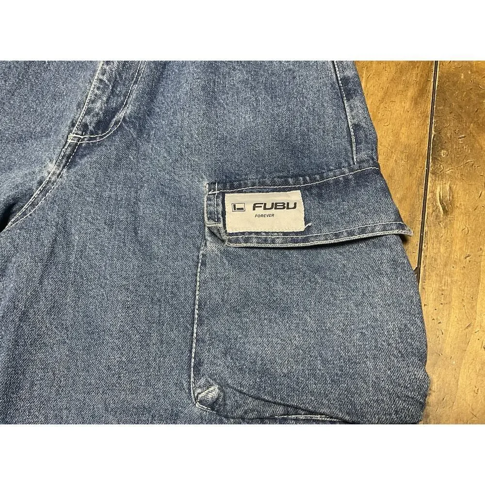 Forever 21 FUBU Denim Cargo Jeans Baggy Y2K Wide Leg Skater Womens Medium 28x31 - Picture 3 of 16